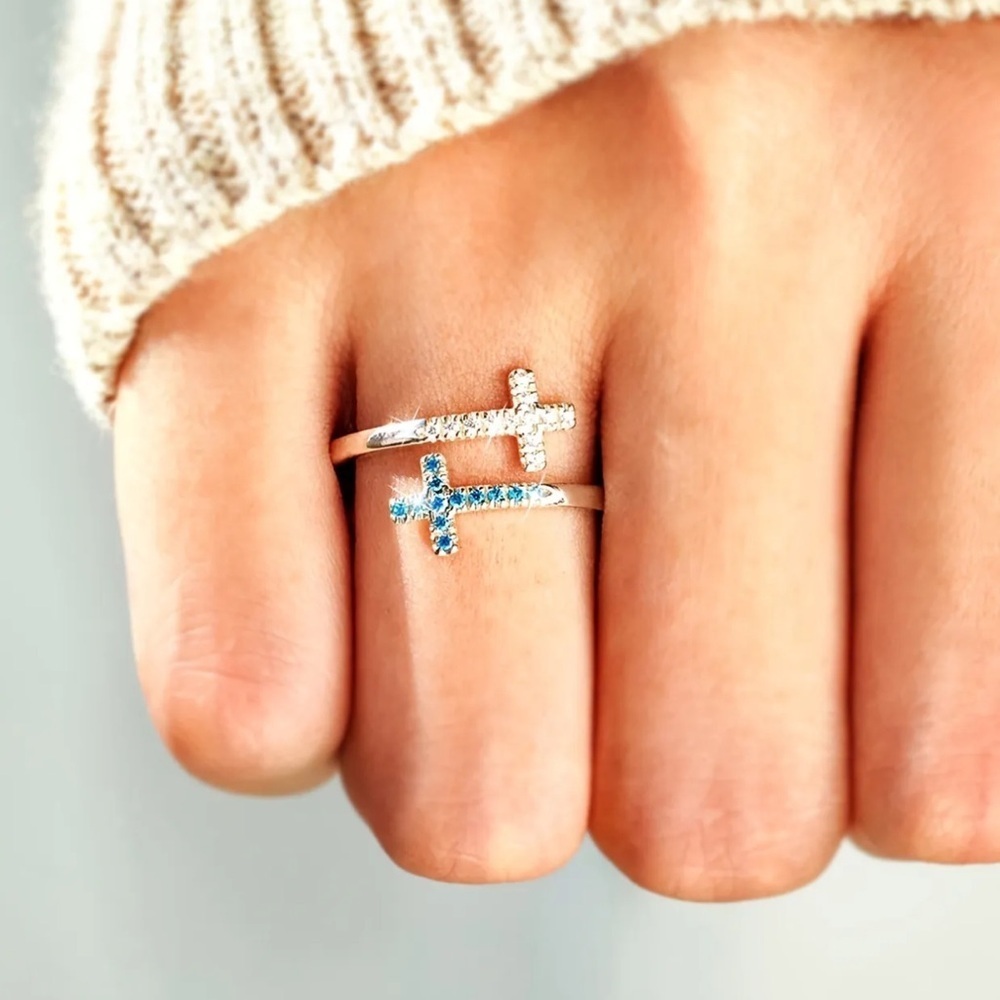 Silver Double Cross Adjustable Ring Women’s Blue Rhinestone Faith Jewelry - Picture 2 of 4